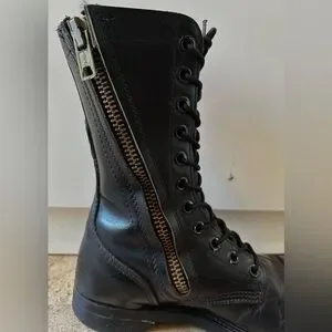 Vintage 1950s Black Leather Zip/Lace Up Combat Boot 1950s Rare Black Leather Cap Toe Zip / Lace up Combat Boots  main image 2